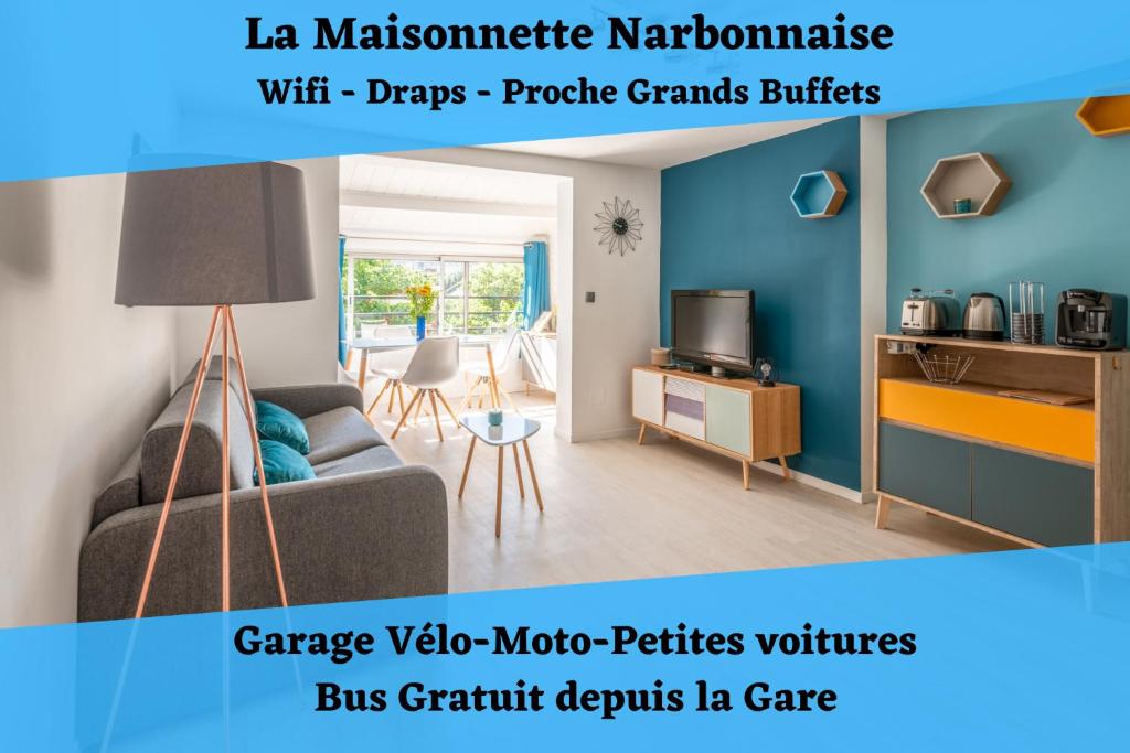 sala de estar con sofá y mesa en La Maisonnette Narbonnaise (Proche Grands Buffets), en Narbona
