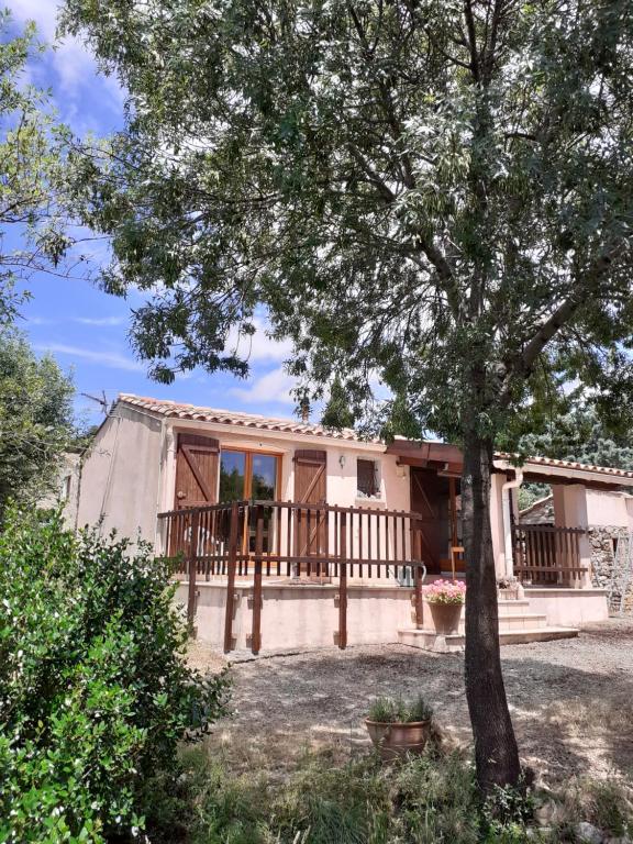 une maison avec une véranda et un arbre dans l'établissement Tiny House Belleraze, à Saint-Jean-de-Minervois