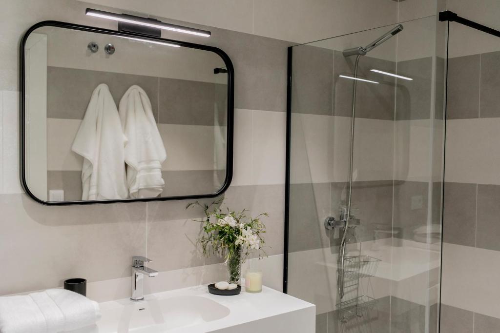 een badkamer met een douche, een wastafel en een spiegel bij Pasaje Zamora Apartamentos in Sevilla