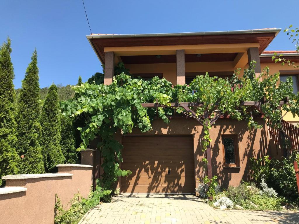 a house with a garage with a bunch of grapes at Panoráma Apartman Ház in Pannonhalma