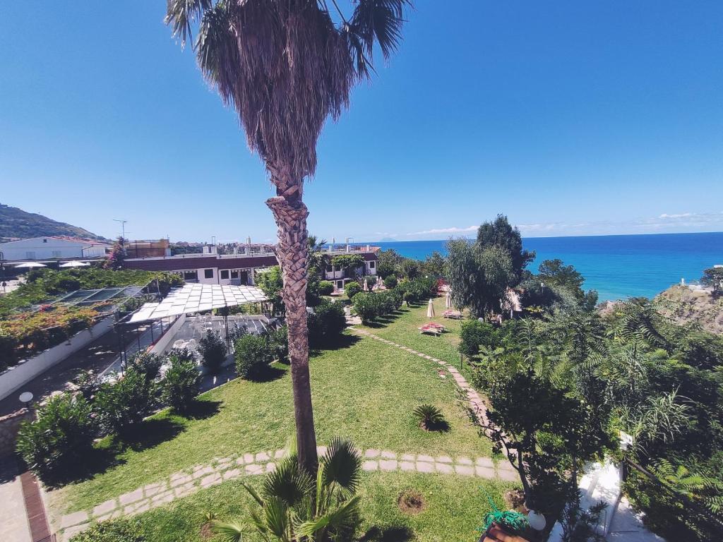 a palm tree in a park next to the ocean at Residence Vardano in Parghelia
