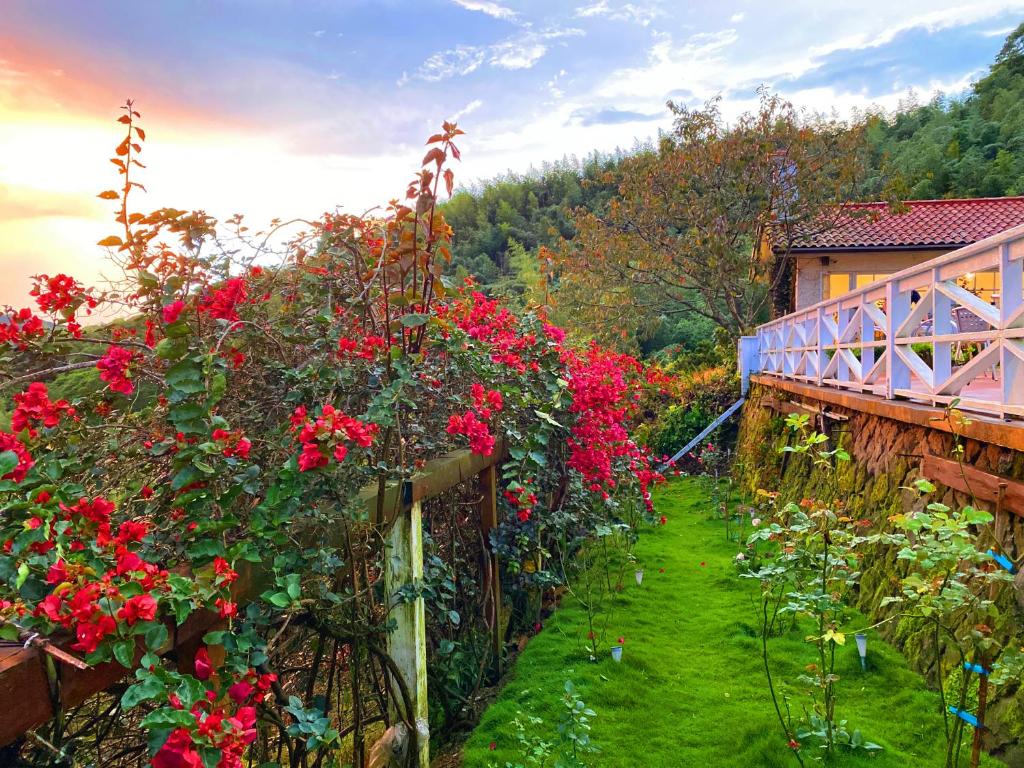 a garden with red flowers and a bridge at Alishan Tea Garden B&amp;B in Fenqihu