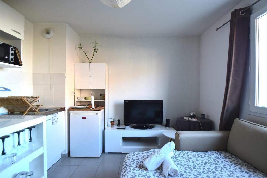 モンペリエにあるStudio Gare St Roch 1er étage - Air Rentalの小さなキッチン(白い冷蔵庫、テレビ付)