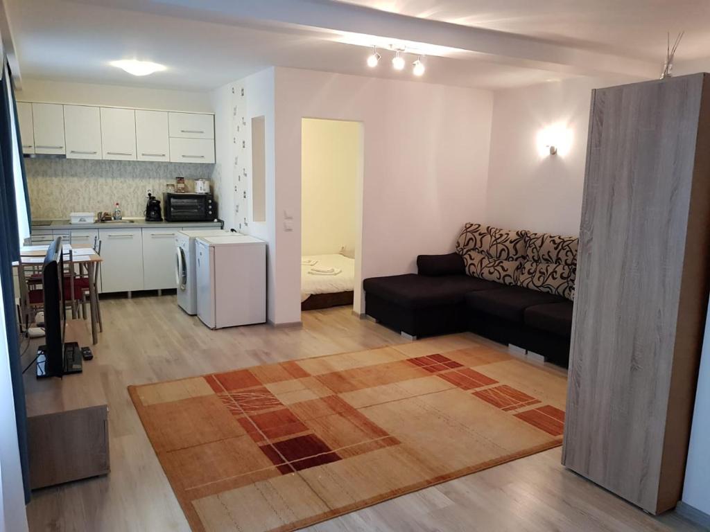 een woonkamer met een bank en een keuken bij Apartament 4 Central in Târgu-Mureş