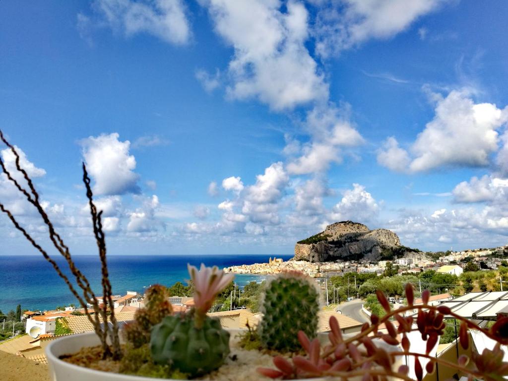 een uitzicht op het strand met cactussen en de oceaan bij Casa Panoramica Santa Lucia in Cefalù