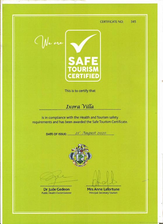 Certifikát, hodnocení, plakát nebo jiný dokument vystavený v ubytování Ixora Villa
