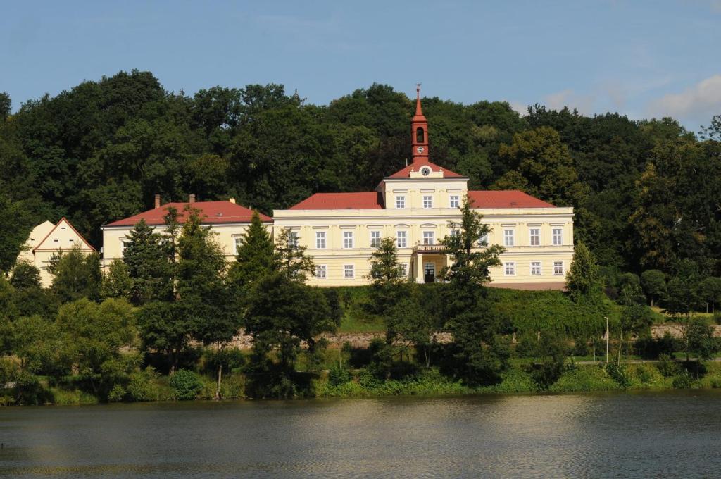 Penzion Zámek Rozsochatec في Rozsochatec: مبنى ابيض كبير على تلة بجوار بحيرة