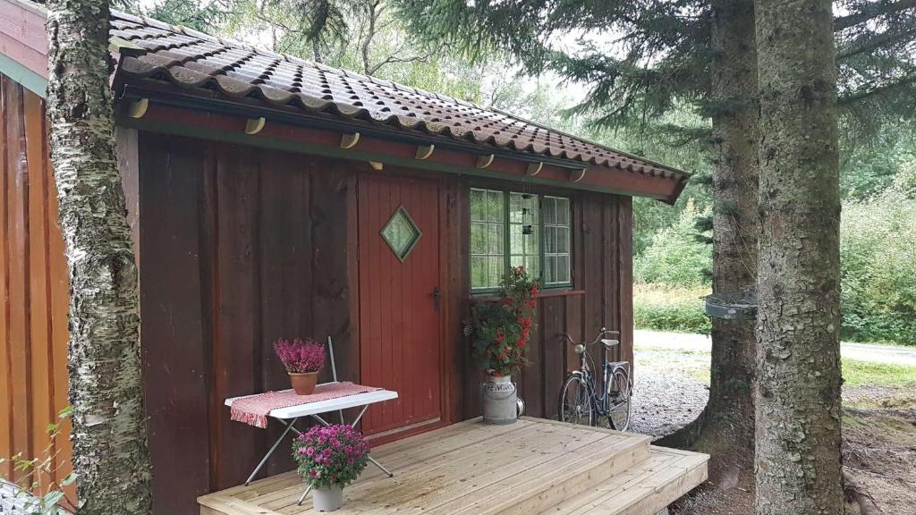 Solsem的住宿－Idyllisk liten hytte，一个小红棚,上面有桌子和鲜花
