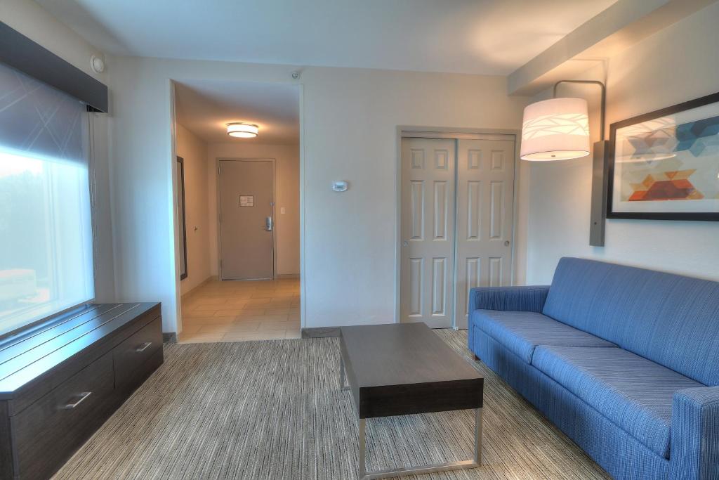 a living room with a blue couch and a tv at Holiday Inn Express Hotel & Suites Mobile Saraland by IHG in Saraland