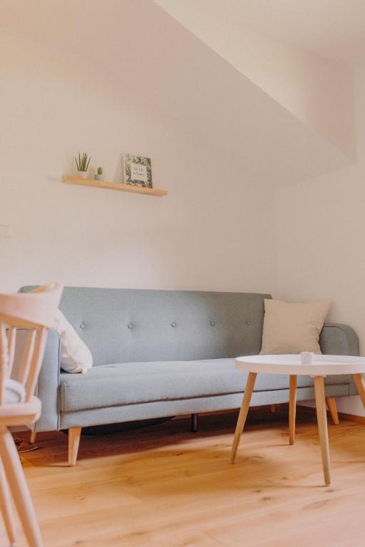 a blue couch in a living room with a table at VOM REITER, Ferienwohnung am Bauernhof mit Bergblick und privater Infrarotkabine, Inklusive Sommercard in Schladming