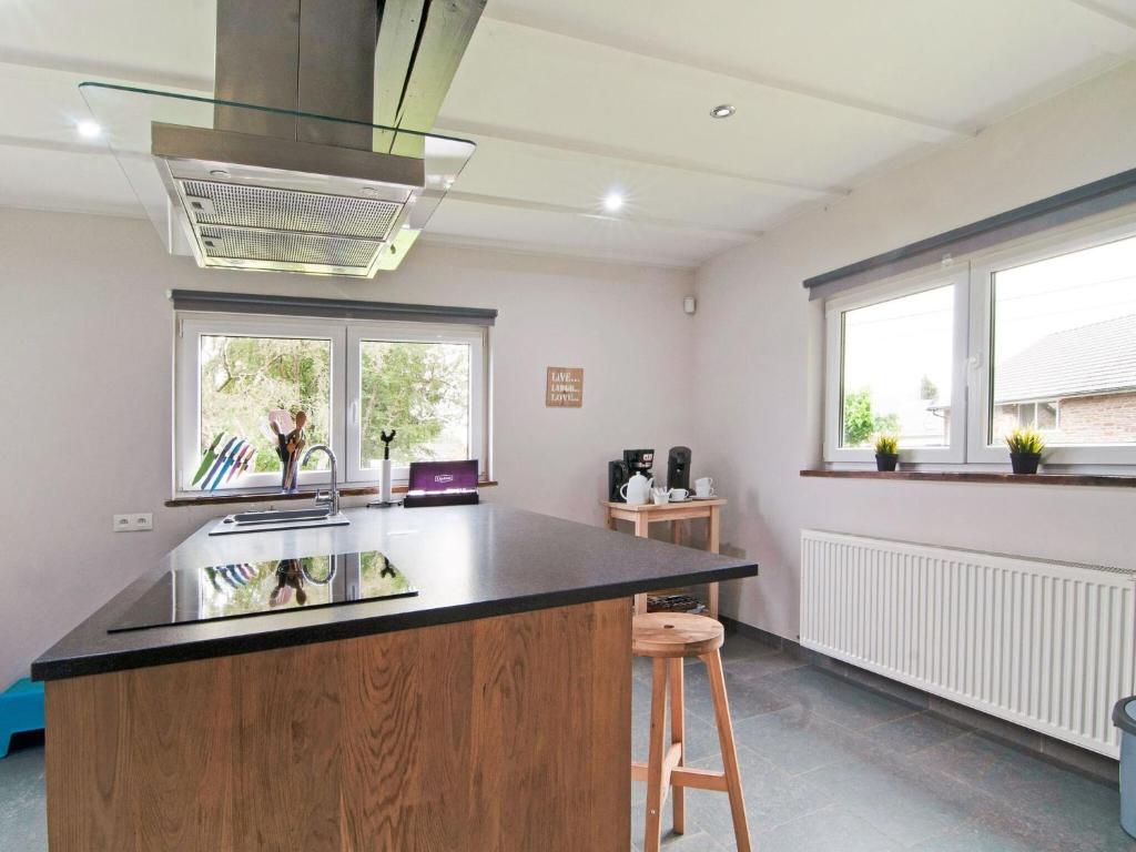 a kitchen with a counter and a sink and two windows at Holiday Home between Spa and Eifel Nature Park in Xhoffraix