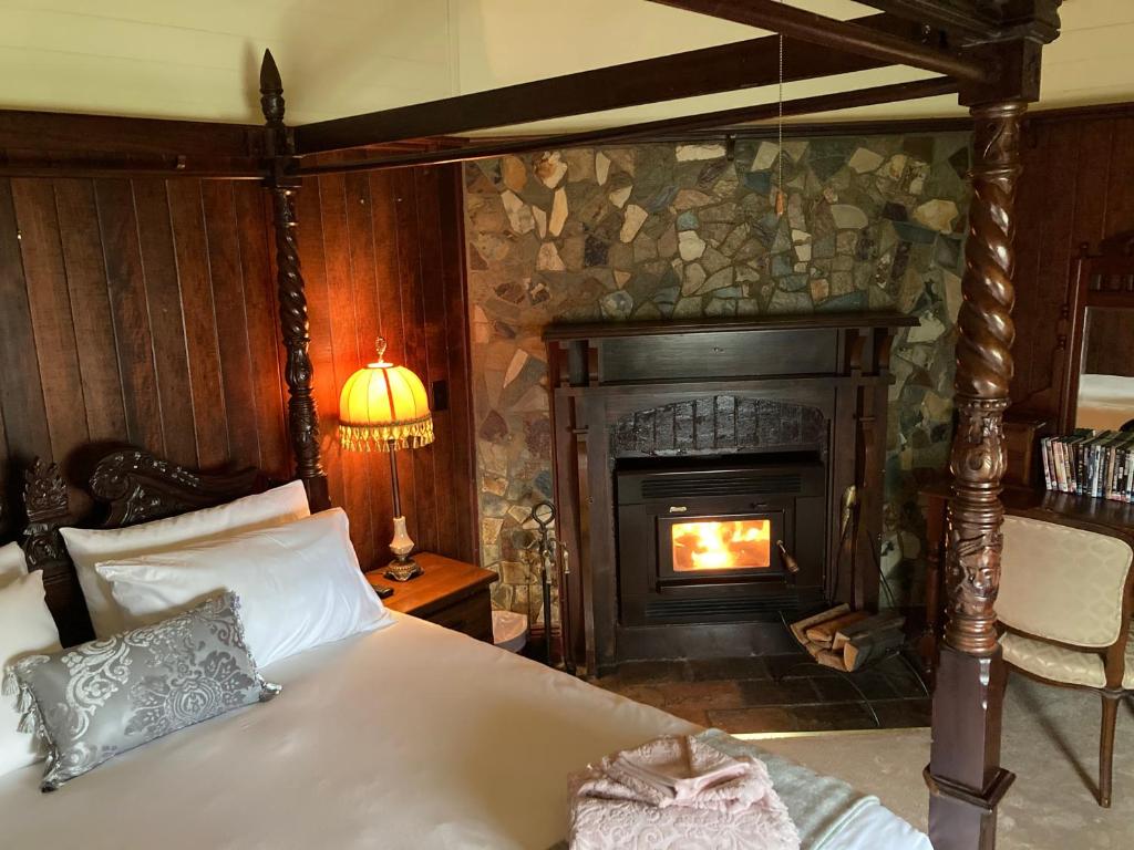 a bedroom with a fireplace and a bed in front of it at Deepwater Bank BnB in Deepwater