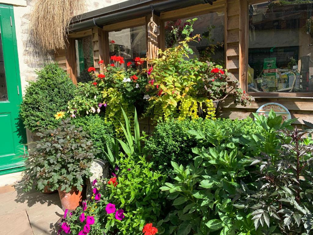 a display of flowers and plants in front of a store at Courtyard Apartment in Shepton Mallet