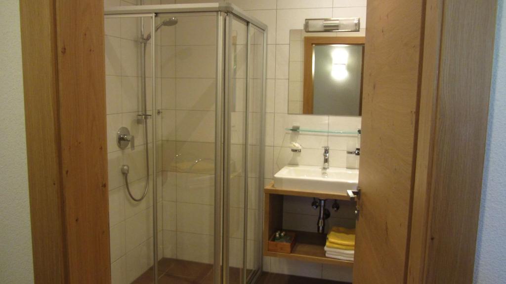 ein Badezimmer mit Dusche und Waschbecken in der Unterkunft Apart Stella Alpina in Pettneu am Arlberg