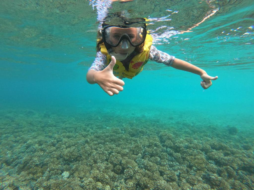 una persona nadando en el agua con una máscara puesta en Villa Coco, en Santa Catalina