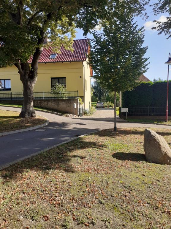 a house with a tree and a rock in the grass at Ferienwohnung Perlitz in Petersdorf