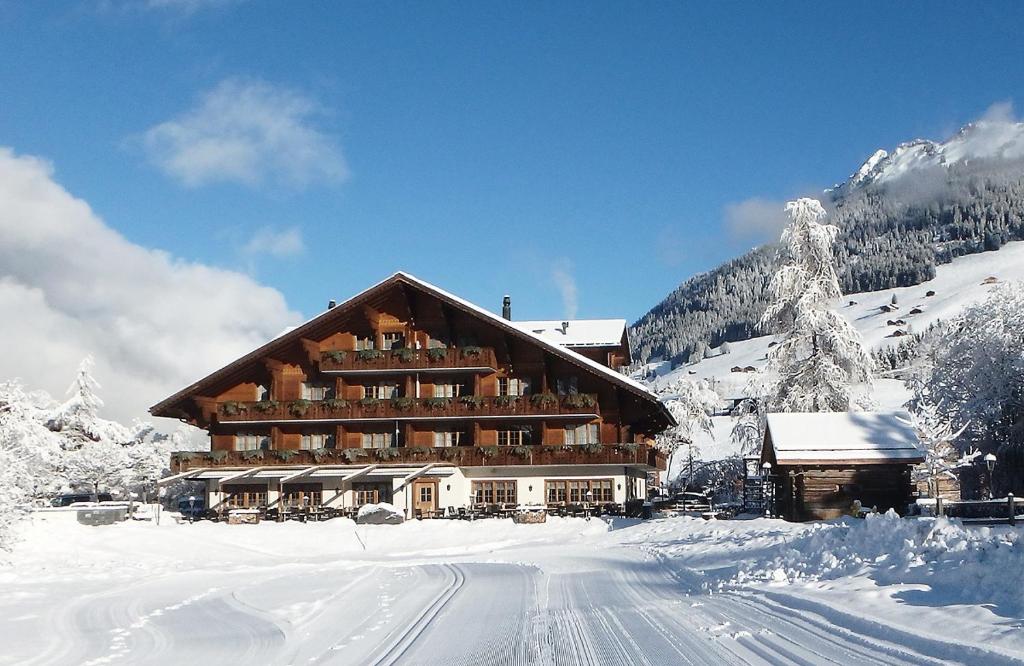 un lodge de ski dans la neige sur une montagne dans l'établissement Hotel Alpenland, à Gstaad