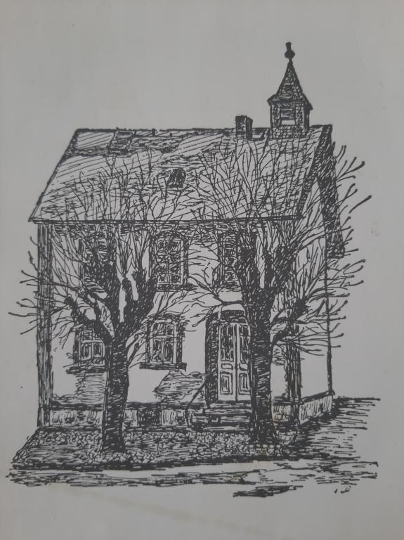 un dibujo de una casa con árboles delante de ella en Alte Schule Steinen, en Steinen
