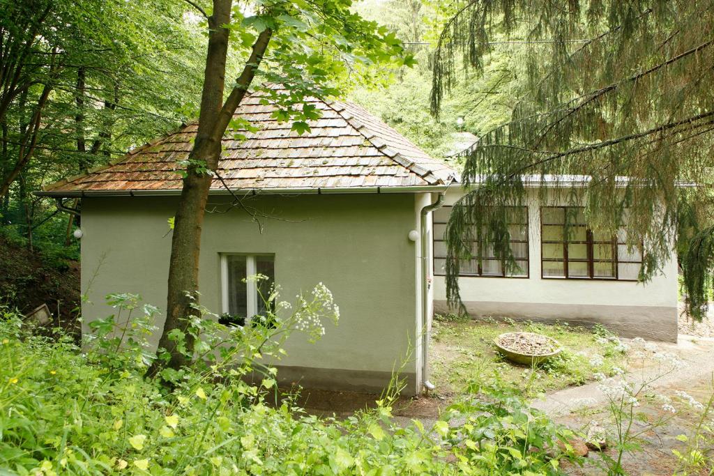 una pequeña casa en medio de un bosque en Harangvirág 36 Vendégház, en Kismaros