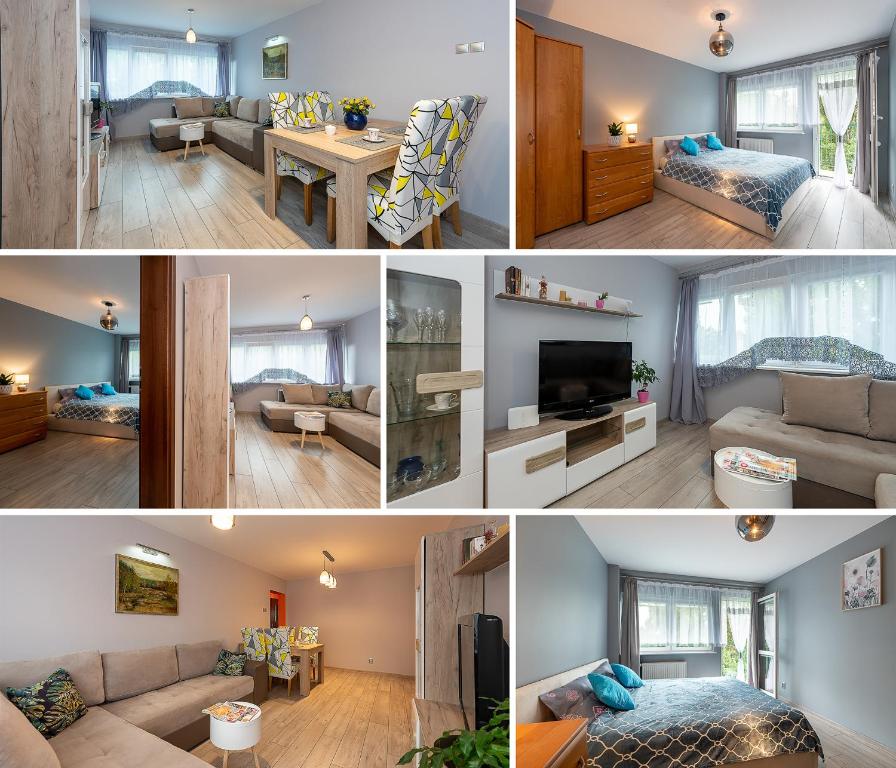 eine Collage mit Fotos von einem Wohnzimmer und einem Schlafzimmer in der Unterkunft Apartament LILA in Łódź