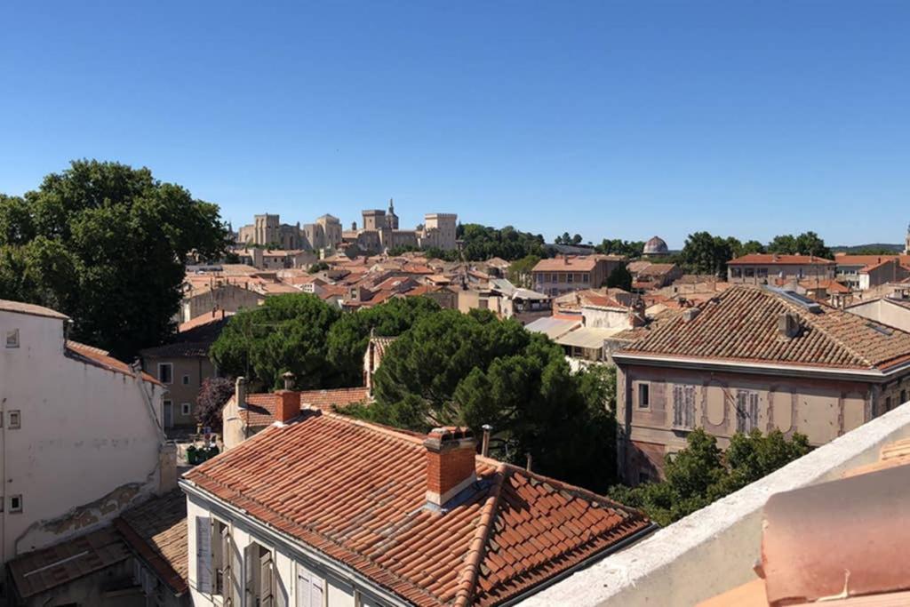 - une vue sur une ville avec des toits et des bâtiments dans l'établissement Attique Saint Pierre - Dans le ciel des teinturiers, à Avignon