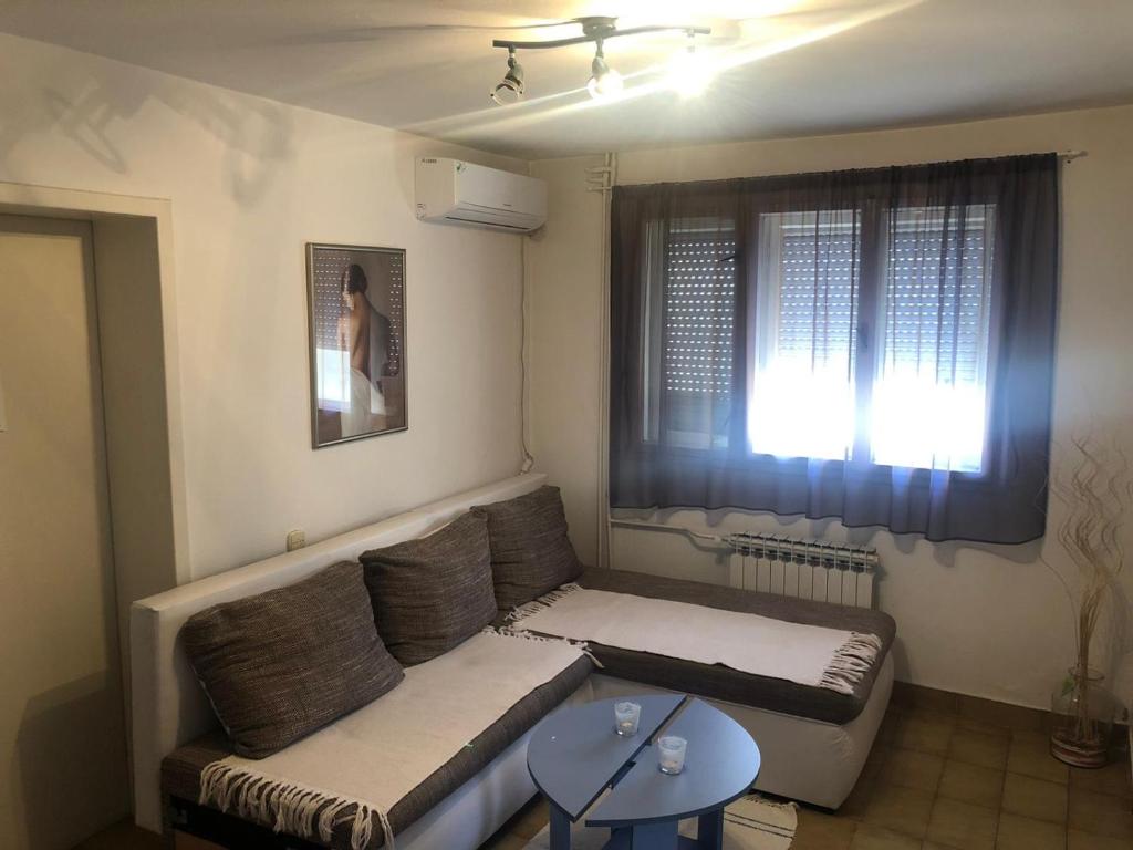 uma sala de estar com um sofá e uma mesa em Day & Night Apartment em Cuprija