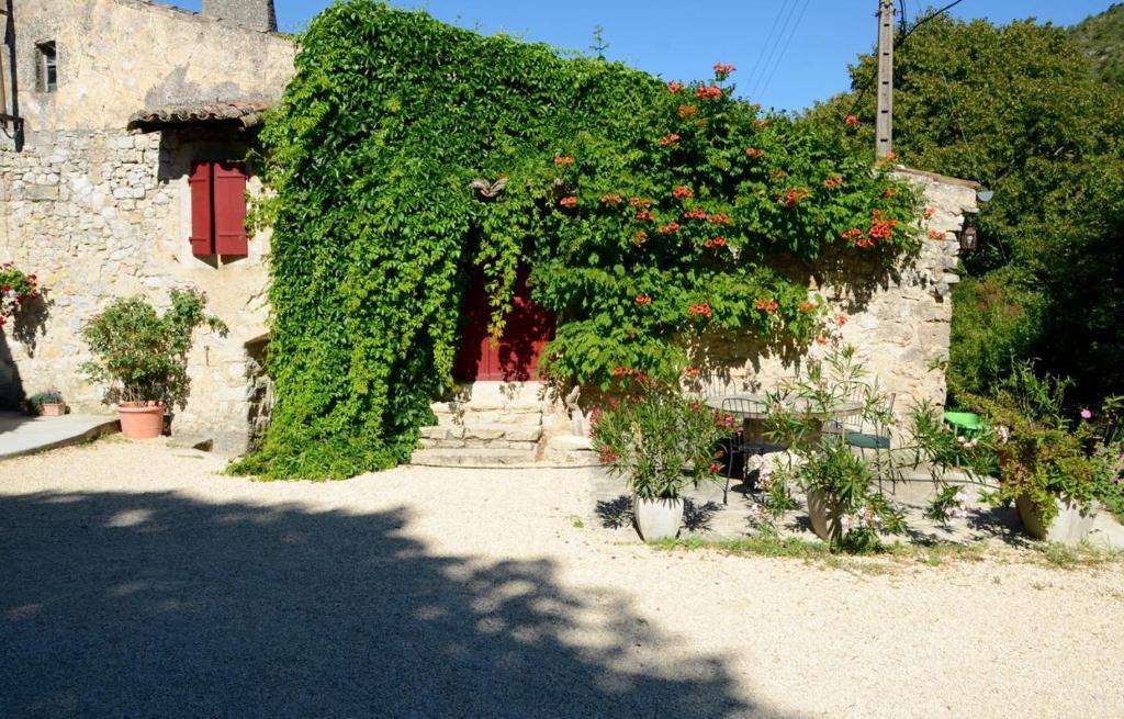 - un bâtiment recouvert de lierre avec une porte rouge et des fleurs dans l'établissement A PAS D ANE, à Eygluy