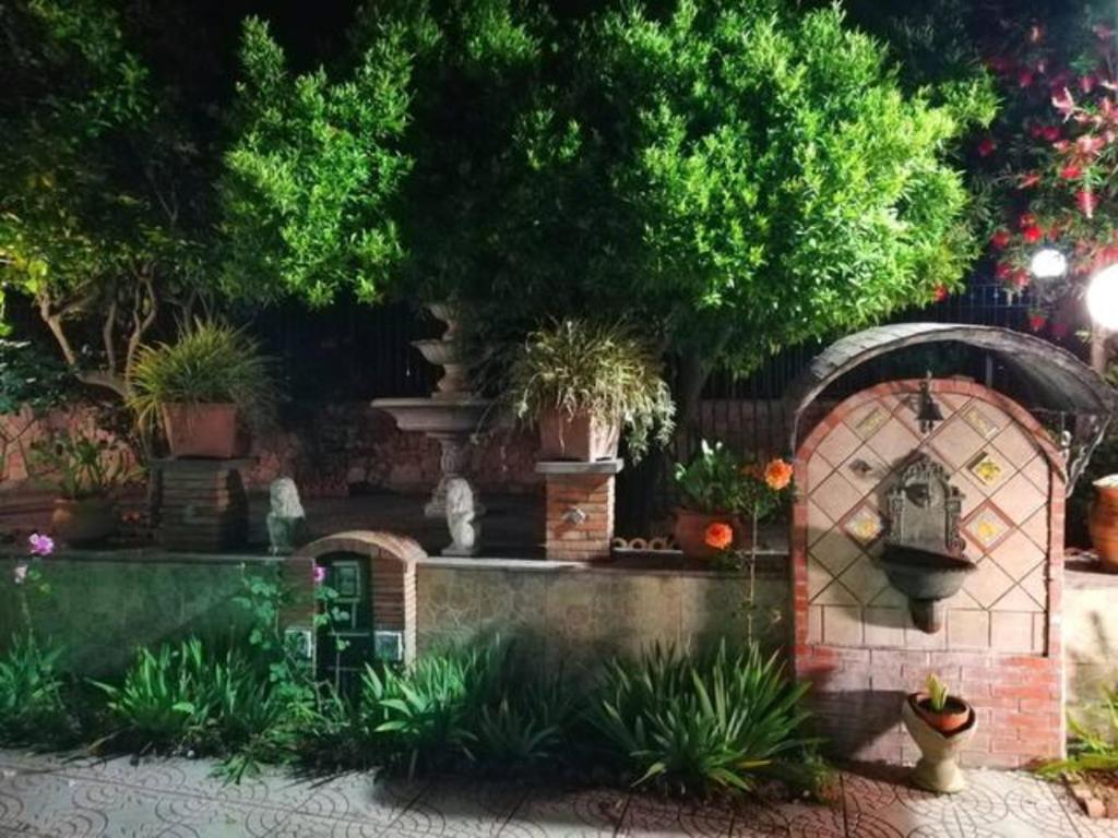 un jardín por la noche con una fuente y plantas en Punta Family House, en San Giovanni la Punta