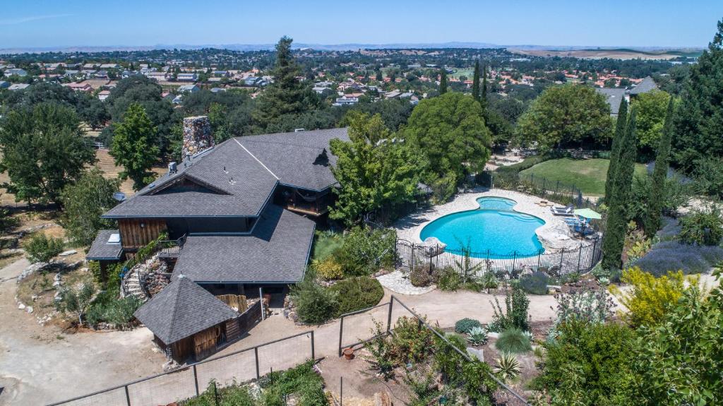 an aerial view of a house with a swimming pool at Inn Paradiso in Paso Robles