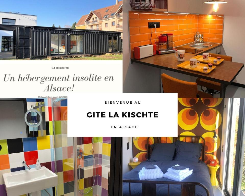 a collage of pictures of a room with a bed and a sink at la kischte vintage in Colmar