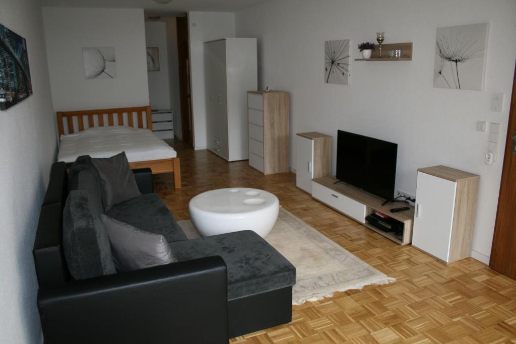 a living room with a couch and a television at Enis Apartment - Biete wunderschönes möbliertes Zimmer an in Stuttgart