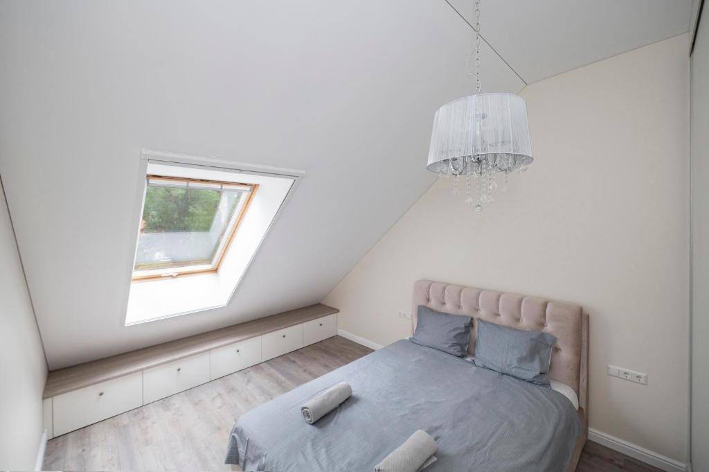een slaapkamer met een bed met een raam en een kroonluchter bij Botanical garden apartment in Kaunas