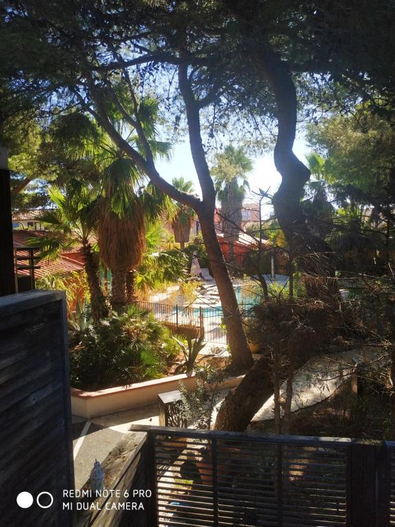 Blick auf einen Park mit Bäumen und einem Pool in der Unterkunft L'Orlu Chambres D'Hotes proximité plage in Canet-en-Roussillon