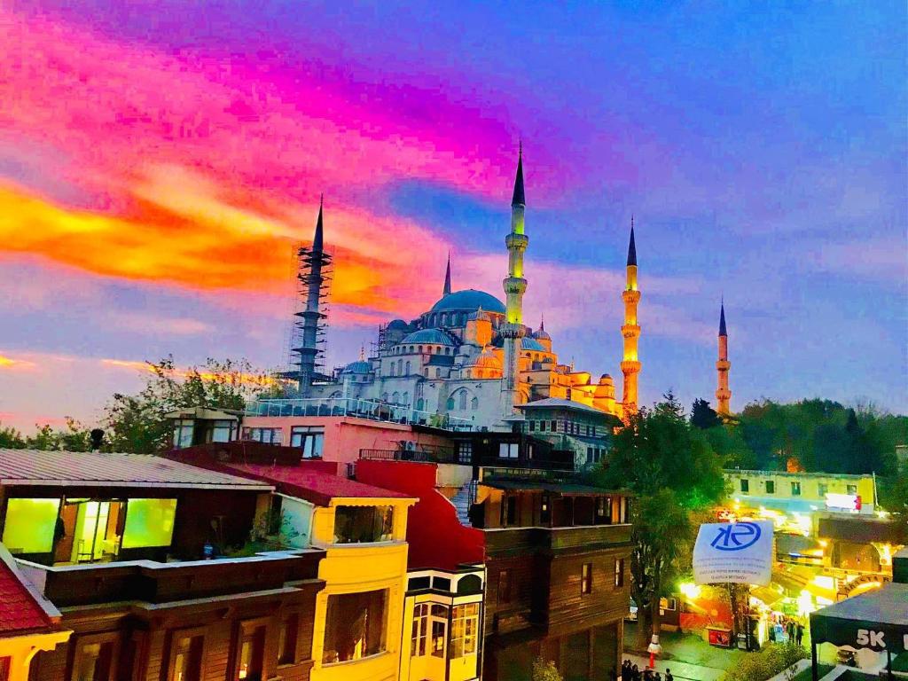 uma vista para uma mesquita com um céu nublado ao anoitecer em Charm Hotel em Istambul