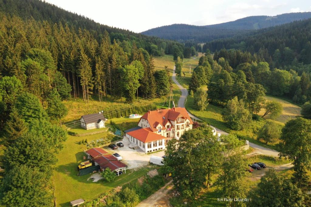 an aerial view of a house in the middle of a forest at Solej Rezydencja in Stronie Śląskie