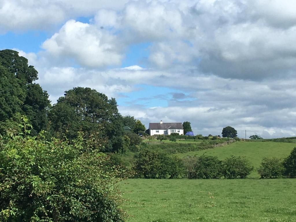 una casa blanca en la cima de un campo verde en Jacquie's B&B -Dumfries-Room with a view - hot tub en Dumfries