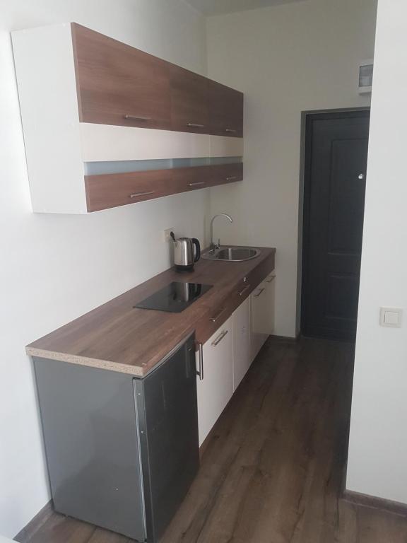 a kitchen with two sinks and a wooden floor at ML place in Liepāja