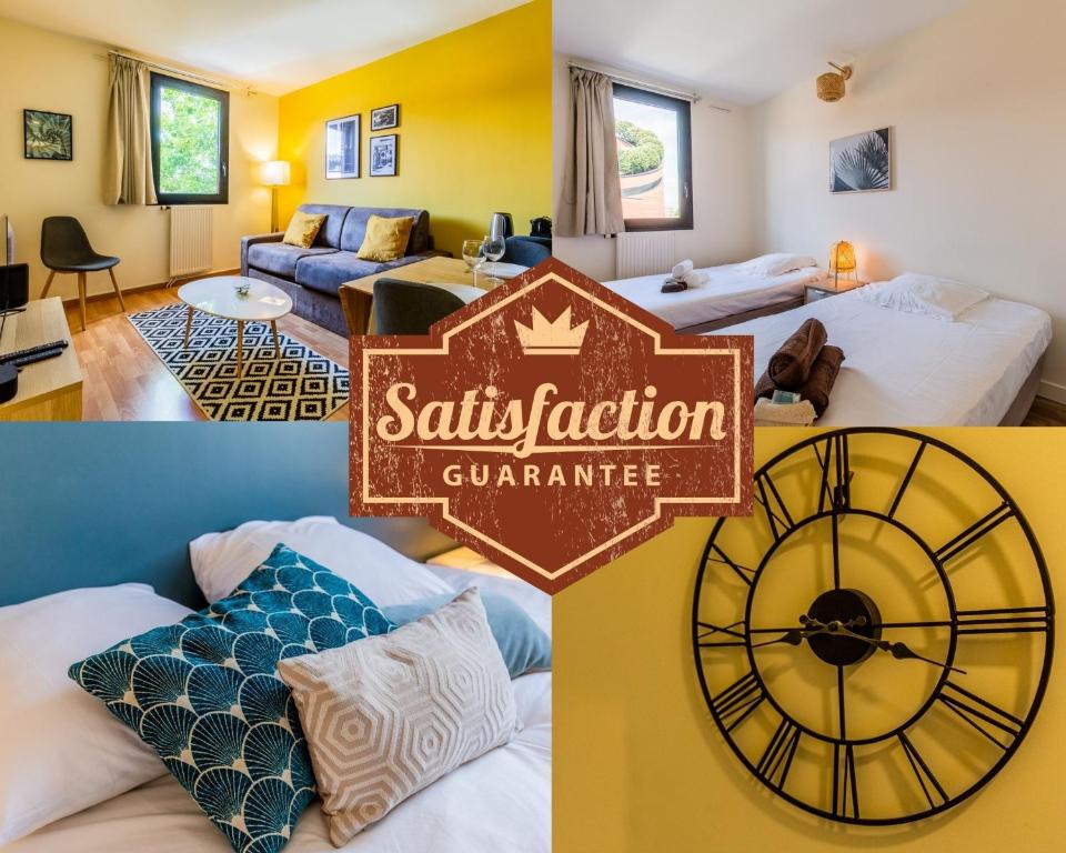 une chambre d'hôtel avec un panneau de mise en quarantaine et un hôtel dans l'établissement Evry Appartement Cosy // Proche Paris, Évry-Courcouronnes