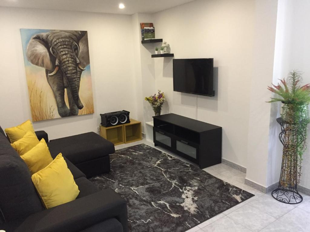 uma sala de estar com um sof e uma TV em Casa Porta de Santiago em Pinhel