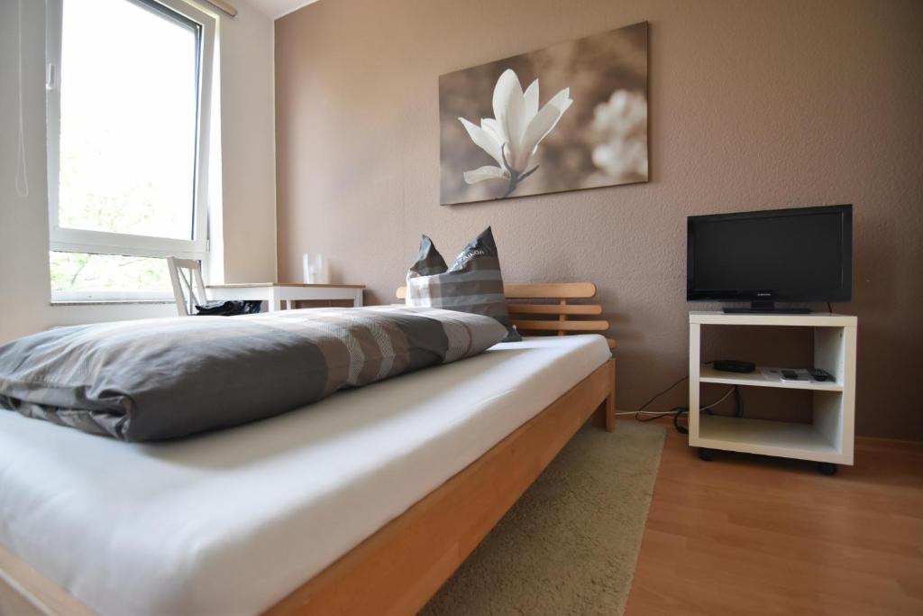 a bedroom with a large bed and a television at Work and Stay Apartment Cologne- Fühlinger See 