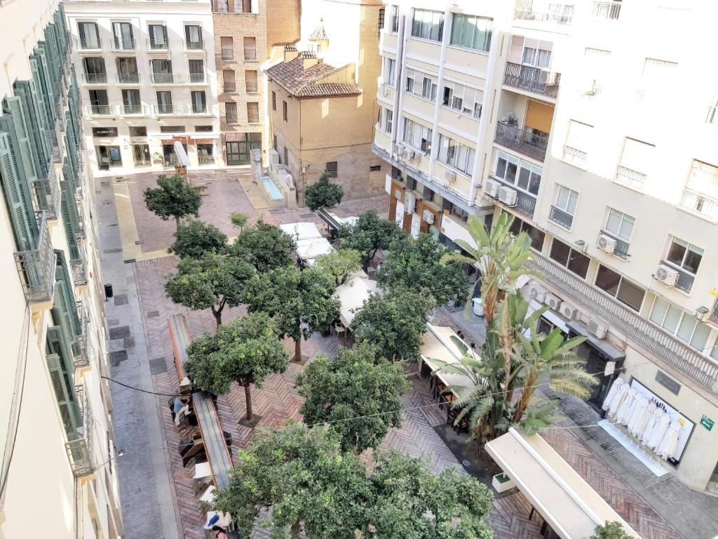 widok na ulicę miejską z drzewami i budynkami w obiekcie Del Parque Flats Flores Premium w Maladze