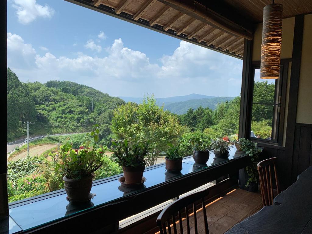 Misakicho的住宿－昂山素季書旅館，桌子上装有盆栽植物的窗户