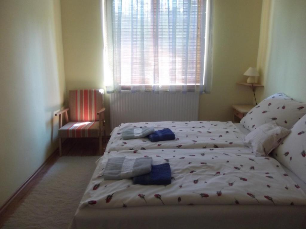 a bedroom with two beds and a window at Klára Apartmanház in Zalakaros
