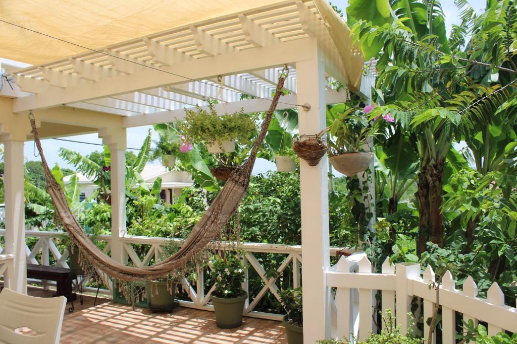 eine Hängematte unter einer Pergola mit Pflanzen in der Unterkunft Tropical Garden Cottage Antigua in Saint Johnʼs