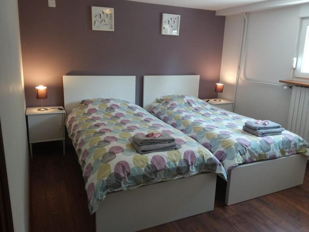 - une chambre avec 2 lits et des serviettes dans l'établissement gites des champs, à Bouzonville