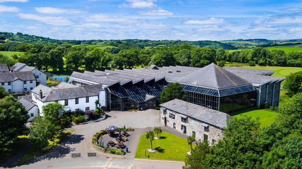 an aerial view of a building with a courtyard at China Fleet Country Club in Saltash