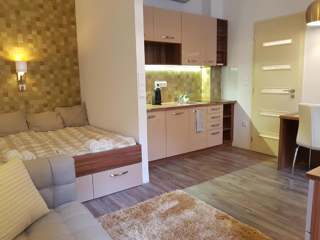 a living room with a bed and a kitchen at Embassy Studio Apartment Citypark in Budapest