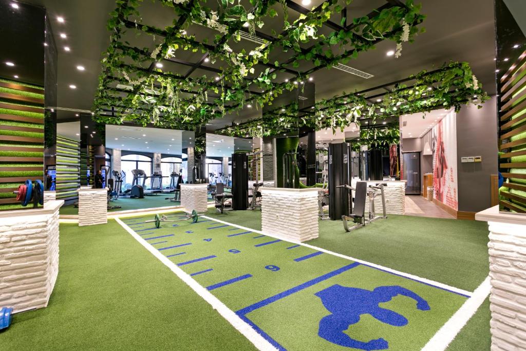 a gym with a green carpeted floor with chairs and plants at Limak Arcadia Sport Resort Belek in Belek