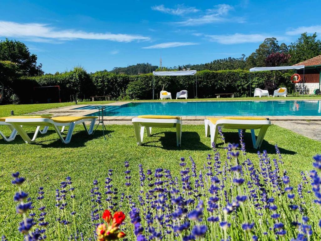 zwei Picknicktische im Gras in der Nähe eines Pools mit lila Blumen in der Unterkunft Casa dos Laceiras in Sandim