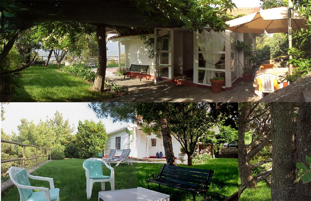 twee foto's van een tuin met een bank en een huis bij Deliziosa casetta con dehor e giardino immersa nel verde Ligure in Imperia